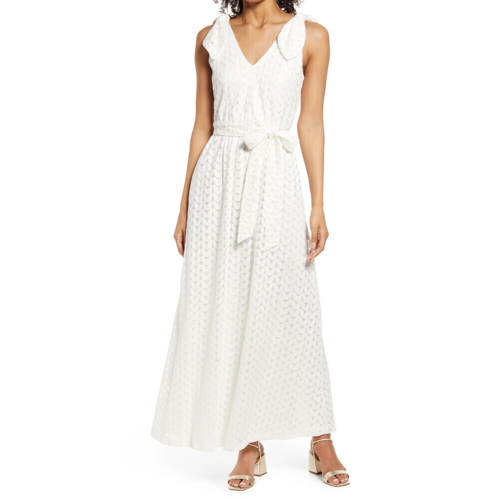 Donna Ricco New York Women's White Belted Bow Shoulder Lined V-Back Maxi Dress 4